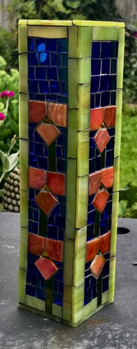 Jugendstil Vase; 2" x 2" x 8"; stained glass on glass;  $60.00